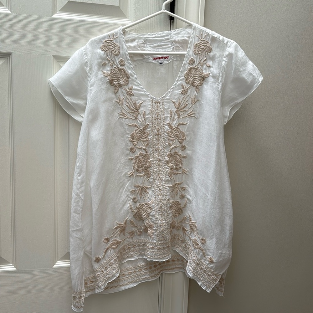 Johnny Was Linen Gauze Embroidered Top